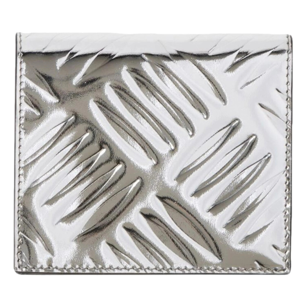 Prada Spazzolato Foldover Card Wallet Metallic Silver Embossed